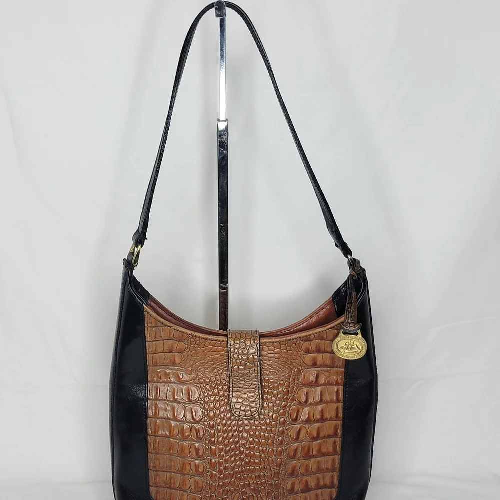BRAHMIN Brown Croc-Embossed Leather‎ Shoulder Bag with Black Trim